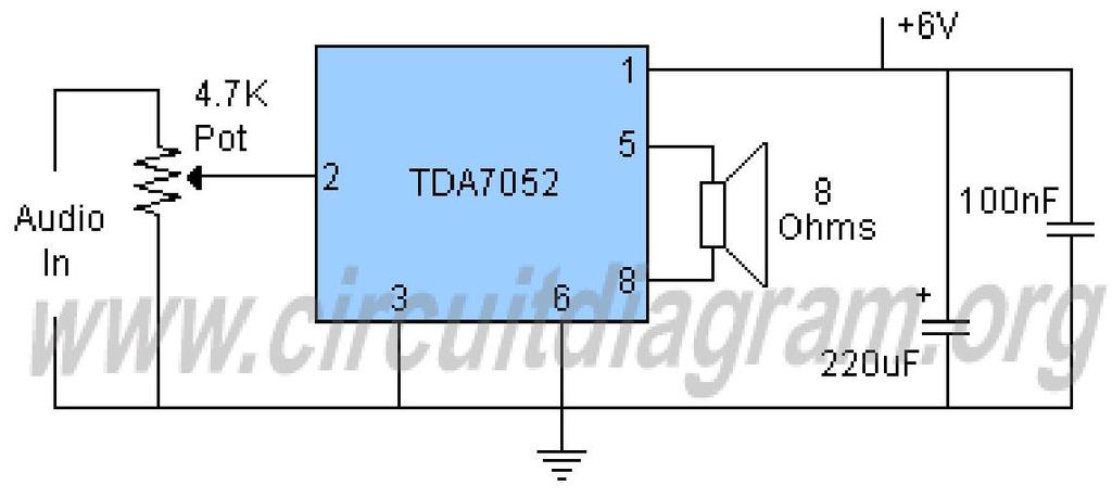 The required input voltage for this circuit is between 8V to 12V DC. On 12 volt the IC is able to deliver 5.8 Watt in a 4 Ohms speaker. The circuit is easy to build and can be fit in a small place.