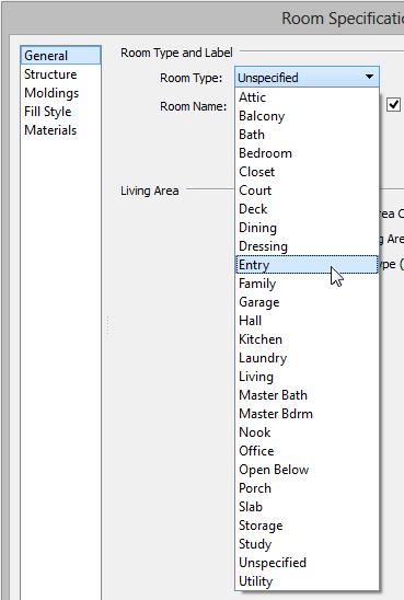 Home Designer Essentials 2015 User s Guide 2. Click the Open Object edit button to open the Room Specification dialog. 3. On the General panel, click the Room Type drop-down list and select Entry. 4.