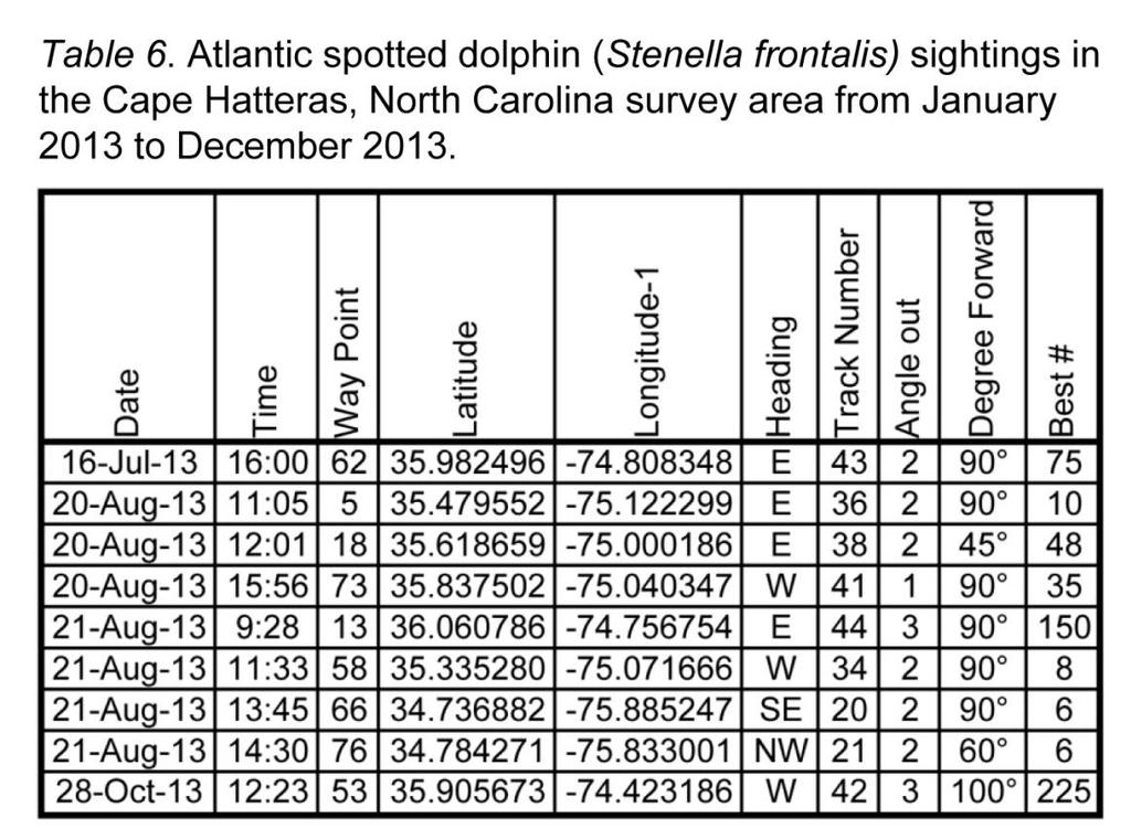Atlantic spotted dolphin (Stenella frontalis) (Table 6, Figure 8) Nine sightings of 563 individuals were observed while on effort in the Cape Hatteras survey area.