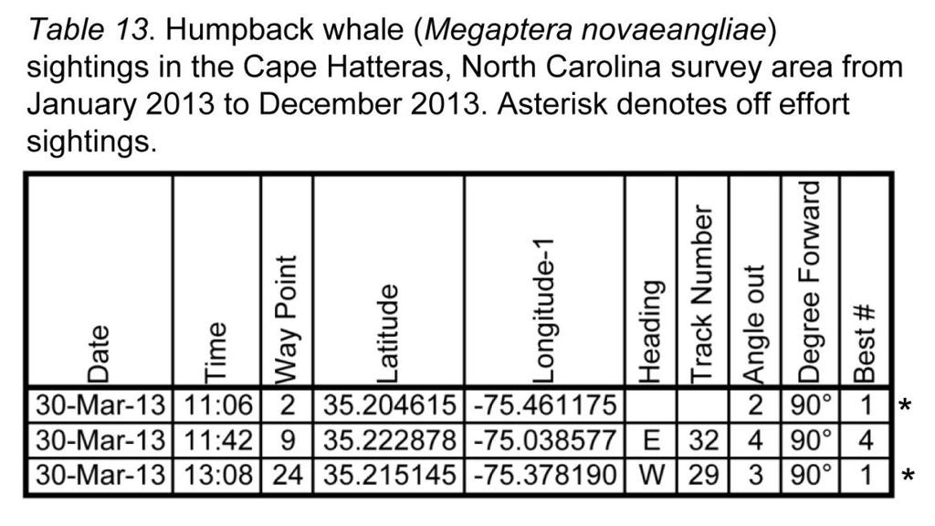 Humpback whale (Megaptera novaeangliae) (Table 13, Figure 15) A single on effort sighting of two pairs of humpback whales was recorded over the continental shelf.