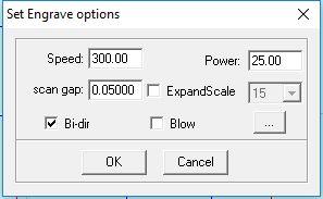 Double click the coloured section of each layer to access the speed and power settings. With the green layer set to to an engrave operation this will option the Set Engrave Options dialog.