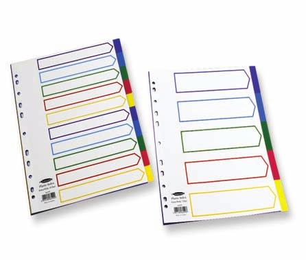 Multicolour Polypropylene Indexes Multicolour polypropylene dividers extra wide. Colourful. Practical. Hardwearing. Matching contents pages and printed tabs.