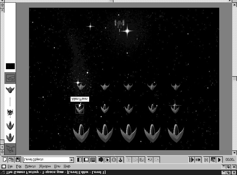 SPACEBATTLE TOUR LEVEL EDITOR You will notice that the toolbar is exactly the same as on the Storyboard Editor screen, only now you can access the object libraries via the Level Objects window in the