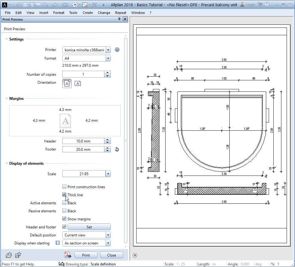 Basics Tutorial Unit 2: Designing and Modifying 2D Elements 231 Using the Print construction lines option, you can choose to include construction lines in the printout.