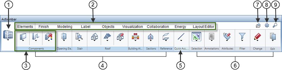 22 Basic Settings Allplan 2018 Contents and structure of the Actionbar The Actionbar includes all Allplan tools grouped by role and task. The Actionbar is docked to the top of the working area.