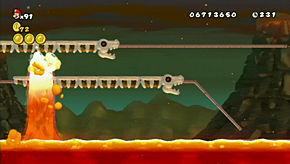 plummets downward and makes two jumps over lava spouts.