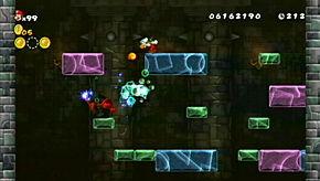His projectiles will remove the first block they hit which can make for tricky platforming if you don't plan ahead.