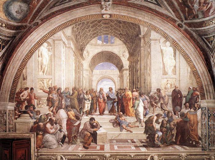 Artist: Raphael The School of Athens The School of Athens represents all the greatest mathematicians, philosophers and scientists from classical antiquity gathered together sharing their ideas and