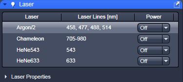 For the HeNe 543 and 633, select On. For the argon laser, click Standby.