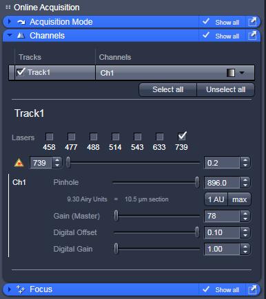You can tune the wavelength of the Chameleon laser from 705nm to 980nm by clicking on the laser icon in the Light Path tab or in the Channels window by entering the wavelength of choice.