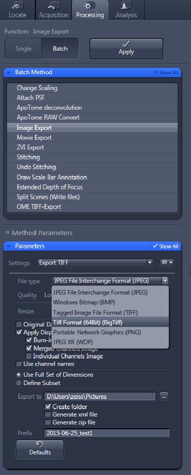 6) Data Export Single Image File Image Export Choose a Directory As Tiff Multiple Image Enter to Batch Export your data Go to the Processing tab (located to the right of the Acquisition tab) Click