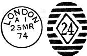Straight London. First issued in 1863 and new numbers continued to be issued through to 1878. One code sequence 1 = A 2 = B.