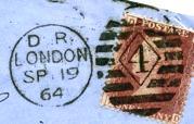 handstamp letter seen used 19 th Jul1869 2D6A Die B Dates of use 1 st Aug1863 to 19