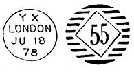 Dates of use 21 st Mar1878 to 1 st Apr1878 Rarity G Price 30 DUBUS TYPE 22 Large 105 Die code X and small 105 with time in full.