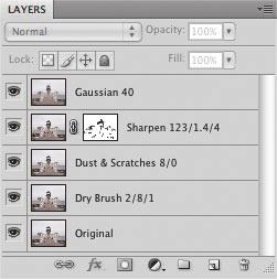 This effect is difficult to duplicate using Photoshop filters, so in an attempt to emulate it, select the Dry Brush 2/8/1 layer and copy it by choosing Layer > Duplicate Layer.