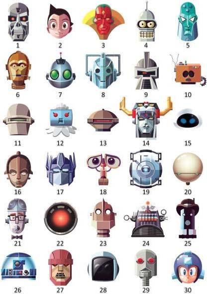Famous Pop-Culture Robot Heads/Faces (Daniel Nyari) T800, Terminator Astro Boy Vision, Marvel Comics Bender, Futurama Brainiac, DC Comics C3P0, Star Wars Clank, Ratchet and Clank Cyberman, Doctor Who