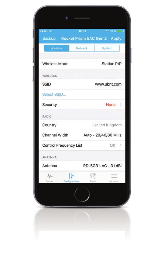 The UNMS app allows you to set up, configure, and manage the Rocket Prism 5AC Gen 2 and offers various configuration options once you re connected or logged in.