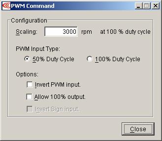 Xenus XSL User Guide Quick Setup with CME 2 5.9.2: PWM Input For more information, see PWM Input (p. 27). 5.9.2.1 Click PWM Command ( ) to open the PWM Command screen. 5.9.2.2 Set the input options described below.