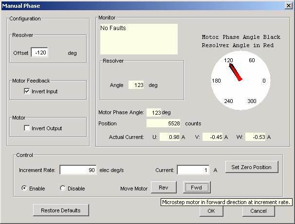 Xenus XSL User Guide Using CME 2 6.8.3: Manual Phase Instructions, Resolver (-R) Xenus 6.8.3.1 Make sure that no load is connected to the motor. 6.8.3.2 Choose ToolsManual Phase to open the Manual Phase window.