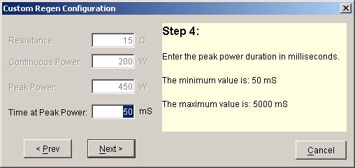 Xenus XSL User Guide Regen Resistor Sizing and Configuration A.2.2.4 Enter a Continuous Power within the range described. Click Next for Step 3. A.2.2.5 Enter a Peak Power within the range described.
