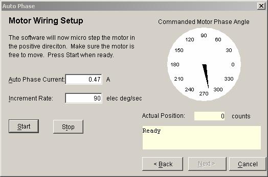 G.2.1.3 Click Auto Phase ( ) to open the Auto Phase Motor Direction Setup screen. G.2.1.4 G.2.1.5 G.2.1.6 Move the motor in the direction you wish to be considered positive.