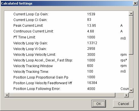 Quick Setup with CME 2 Xenus XSL User Guide 5.7.3: Calculate The Calculate function uses the motor and encoder values entered to calculate initial loop gains and limits.