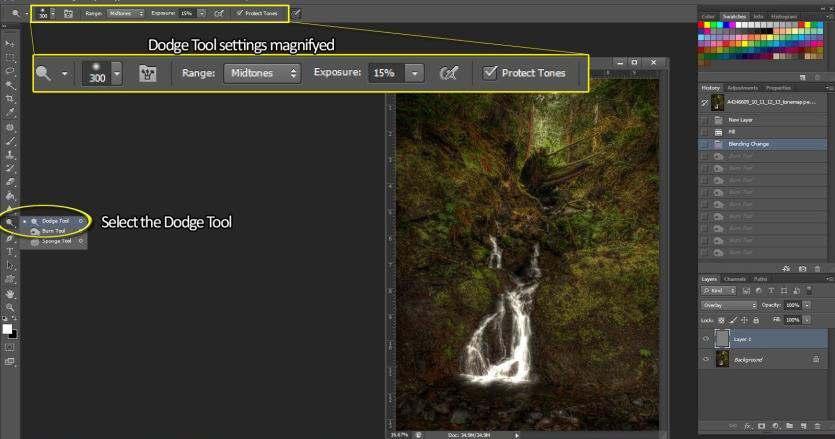 Figure 107. Select the Dodge tool from the tool bar * Set the brush to something comfortable to work with for the image, keep in mind that you will be making small adjustments at a time.