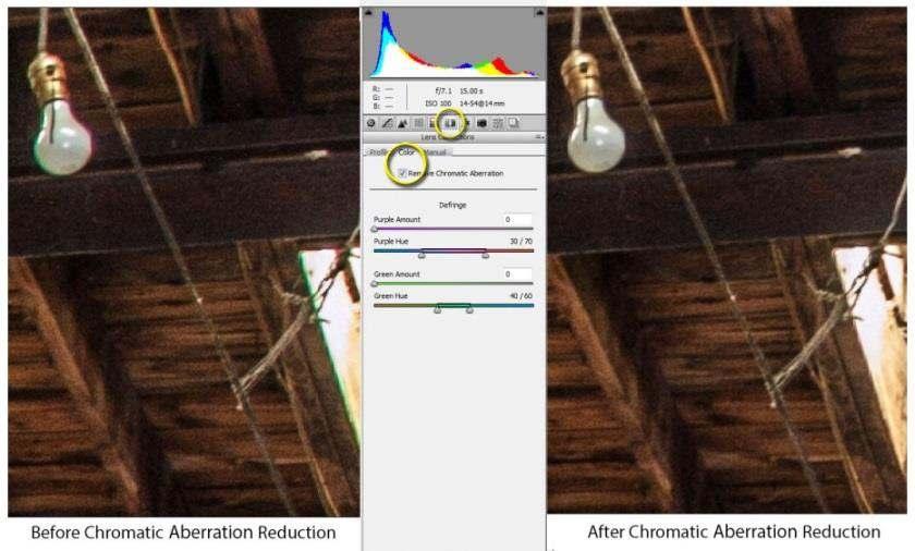 Figure 19. Chromatic Aberration reduction in action. When you are finished in the ACR interface, you may open the photo in Photoshop and save it as a 16 bit Tiff.