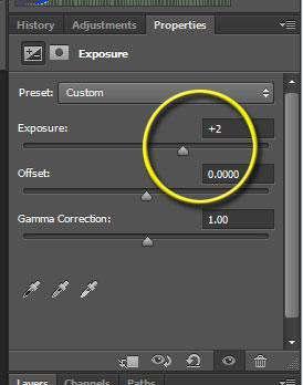 * Highlight the new Exposure Adjustment Layer. * In the Properties Tab, increase the Exposure to +2. Figure 23.