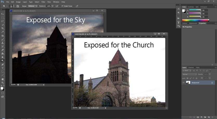 * Start by opening both exposures in Photoshop. You can see the dynamic range in the two photos is very different. Figure 40.