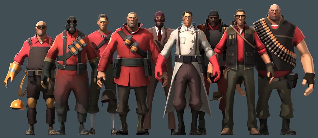 Figure 1: A height comparison of the classes of Team Fortress 2 with default headwear removed.