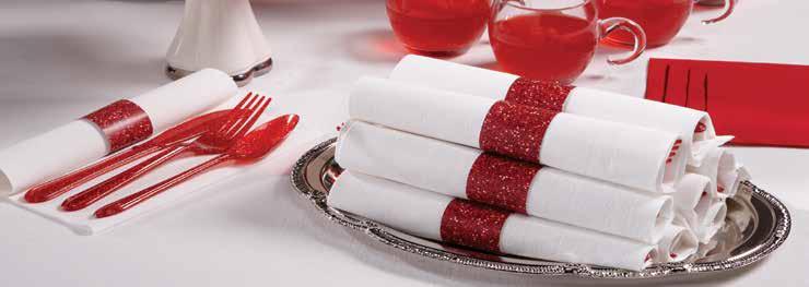 100-2/50 15-1/2" x 15-1/2" 119998VIR Red Glitz Cutlery, Bagged 9859414 Blue Snowflake CaterWrap, Pre-rolled White FashnPoint Dinner Napkin and 100-2/50 15-1/2" x 15-1/2"