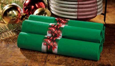 Pre-rolled White Linen-Like Dinner Napkin and Heavyweight Metallic 100-2/50 17" x 17" 119956VIR Cutlery, Bagged 3018650 Holly CaterWrap, Pre-rolled Red and Green Tissue