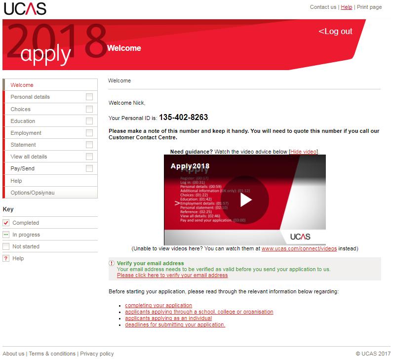 11 3. Completing the Application Form The UCAS application is made up of 7 sections, which are listed on the left hand side of the webpage: 1. Personal details 2. Choices 3. Education 4. Employment 5.