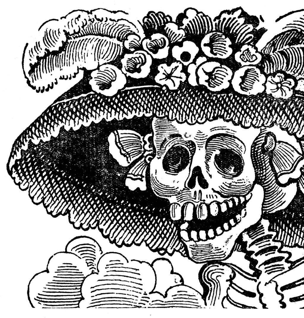 La Catrina, engraving on lead plate, black and white.