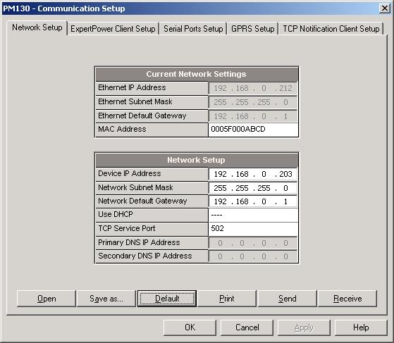 Chapter 5 Configuring T H E P M 1 3 0 P L U S Configuring C O M M U N I C A T I O N S Using PAS Select Communications Setup from the Meter Setup menu, and then click on the Network Setup tab.