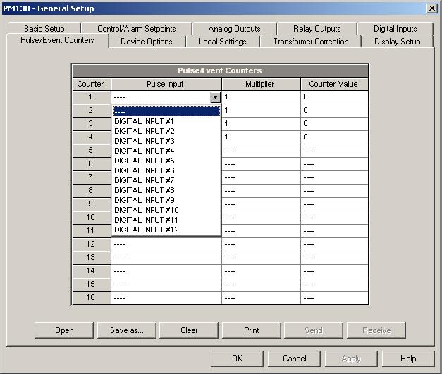 Chapter 5 Configuring T H E P M 1 3 0 P L U S General M E T E R S E T U P Figure 5-11: General Setup Dialog Box Pulse/Event Counters You can preset a counter to a required value or clear it without
