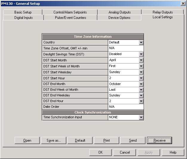 Chapter 5 Configuring T H E P M 1 3 0 P L U S General M E T E R S E T U P Display Label Figure 5-13: General Setup Dialog Box Local Settings Tab The available options are described in Table 28.