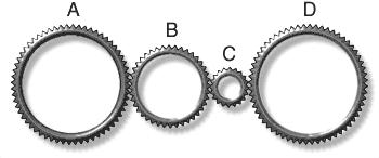 11) If teapot A holds 32 ounces of tea, about how many ounces does teapot B hold? 12) Gears A and D have 60 teeth each, gear B has 40 teeth, and gear C has 20 teeth.