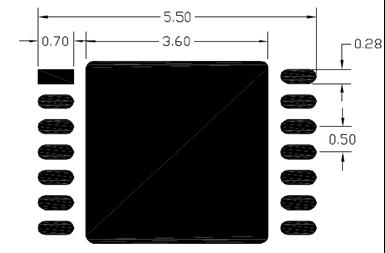 Figure 4: Example of a PCB land pad layout for the 5 x 5 x 1.2 mm DFN package. Solder Stencil Guidelines A laser-cut, stainless steel stencil with electro-polished trapezoidal walls is recommended.