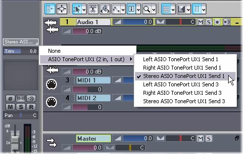 At the left of the track, click on the track Input Selector and choose the preferred Send Note that the Left and