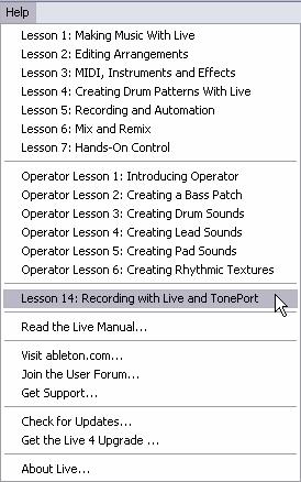 within the Help menu of Ableton Live Lite