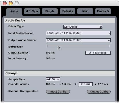 Select the Audio tab Choose CoreAudio as the Driver Type Choose your Line 6 device as both the Input and