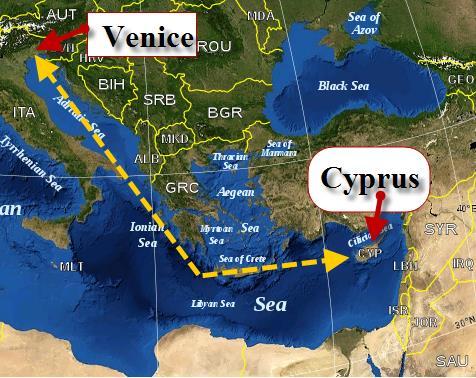 Geography, significance of Venice is a symbol for order and Turkey is a symbol for barbarianism so Cyprus is inbetween It s an