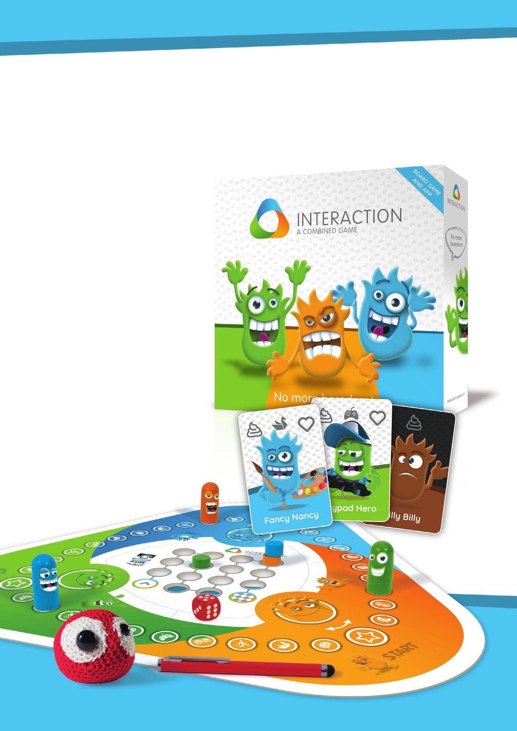1. Game materials INTERACTION includes the following components: 1 game box 1 puzzle game board 1 W6 dice 1 capacitive pen 3 play markers (green, blue and orange) 3 large playing pieces (green, blue