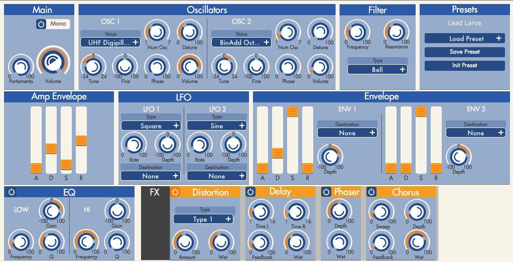 Synth editor Cream Mobile features one virtual 2 osc synth for every track. You can open the instrument editor using the instrument editor button.