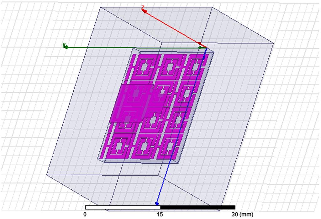 Figure 8. Resonance in metamaterial unit cell. m2 0.00 30.6000-9.7934 XY Plot 1 db(s(1,1)) -2.00-4.00 db(s (1,1 )) -6.