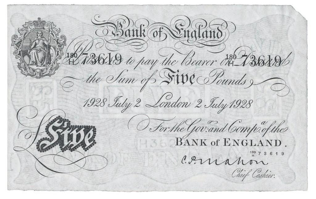 4050 Bank of England, uniface White 5, 2 July 1928, London, serial no.180h 73619, signed by Cyril Patrick Mahon, Britannia to left with shield, spear and beehive (Dugg B215).