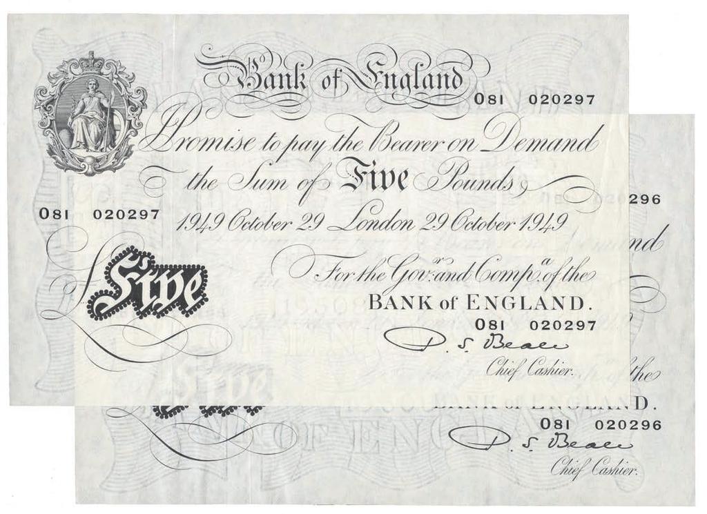4055 Bank of England, uniface White 5 (2), 29 October 1949, London, consecutive serial nos.