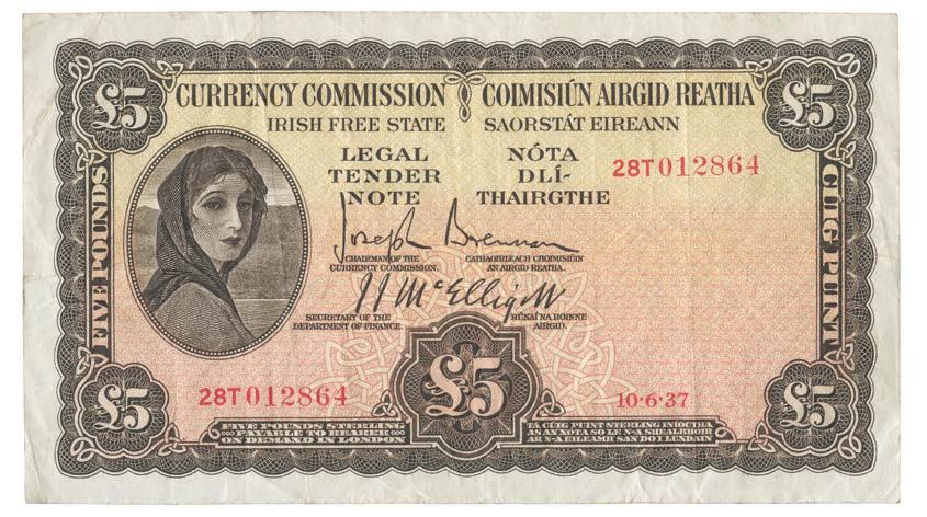 4059 Currency Commission Irish Free State, 5, 10 June 1937, serial no.28t 012864, Lady Lavery at left, rev River Lagan mask, signed by Brennan and McElligott (B&C LTN10).